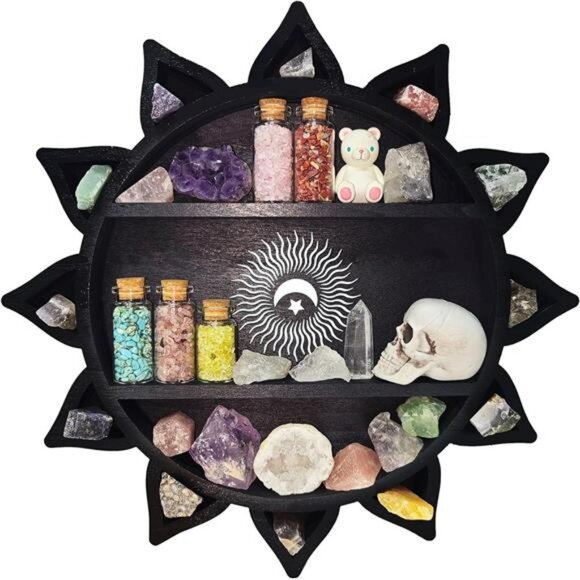 Crystal Display Shelf Wall Mounted Lotus Moon Boho Floating Wooden Decor - Picture 1 of 8